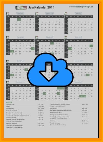 thumbnail jaarkalender voor het jaar 2014 in papierformaat A4 Staand Landscape en bestandsformaat PDF Adobe Acrobat met Feestdagen België 