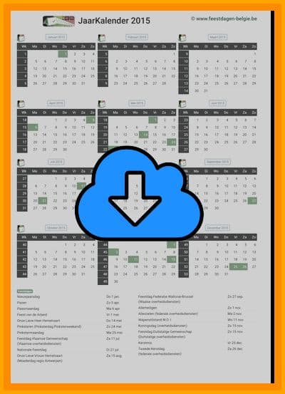 thumbnail jaarkalender voor het jaar 2015 in papierformaat A4 Staand Landscape en bestandsformaat PDF Adobe Acrobat met Feestdagen België 