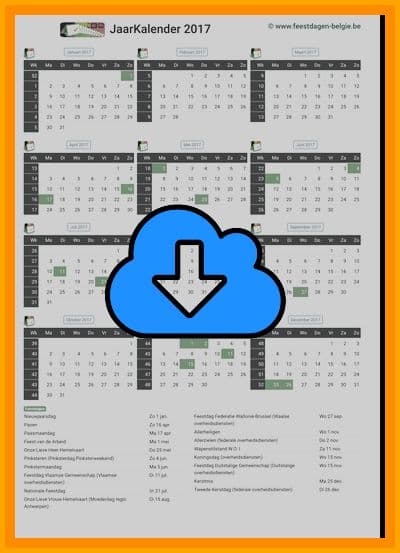 thumbnail jaarkalender voor het jaar 2017 in papierformaat A4 Staand Landscape en bestandsformaat PDF Adobe Acrobat met Feestdagen België 