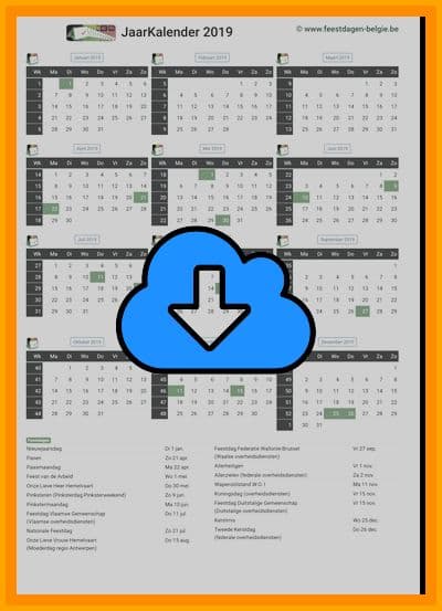 thumbnail jaarkalender voor het jaar 2019 in papierformaat A4 Staand Landscape en bestandsformaat PDF Adobe Acrobat met Feestdagen België 