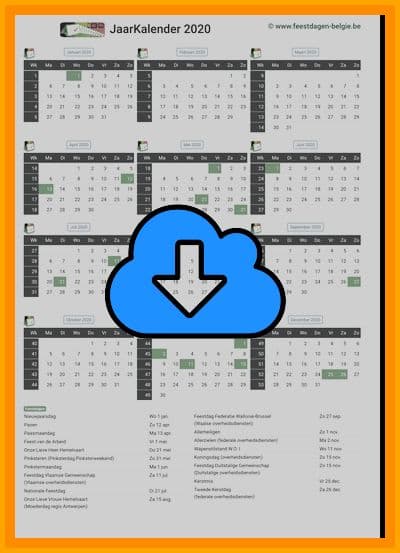 thumbnail jaarkalender voor het jaar 2020 in papierformaat A4 Staand Landscape en bestandsformaat PDF Adobe Acrobat met Feestdagen België 