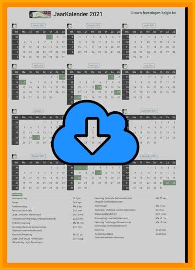 thumbnail jaarkalender voor het jaar 2021 in papierformaat A4 Staand Landscape en bestandsformaat PDF Adobe Acrobat met Feestdagen België 