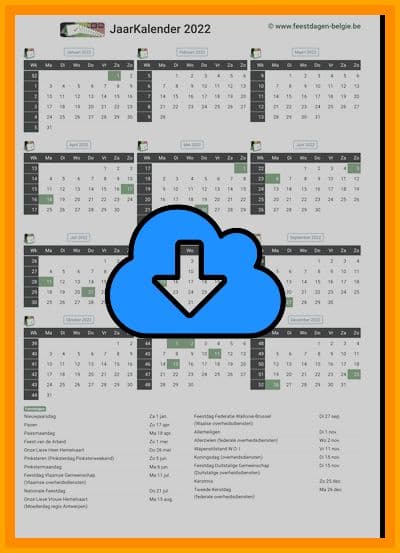 thumbnail jaarkalender voor het jaar 2022 in papierformaat A4 Staand Landscape en bestandsformaat PDF Adobe Acrobat met Feestdagen België 