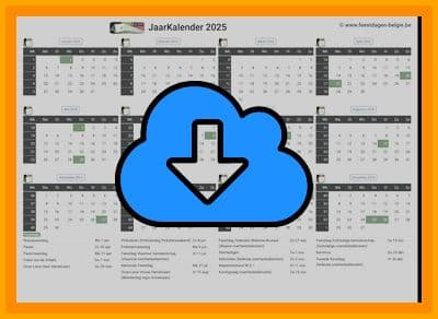 thumbnail jaarkalender voor het jaar 2025 in papierformaat A4 Liggend Landscape en bestandsformaat PDF Adobe Acrobat met Feestdagen België 