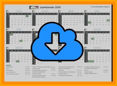 thumbnail jaarkalender voor het jaar 2028 in papierformaat A4 Liggend Landscape en bestandsformaat PDF Adobe Acrobat met Feestdagen België 