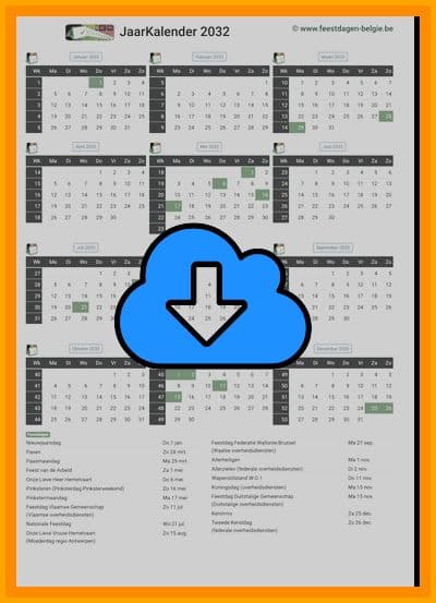 thumbnail jaarkalender voor het jaar 2032 in papierformaat A4 Staand Landscape en bestandsformaat PDF Adobe Acrobat met Feestdagen België 