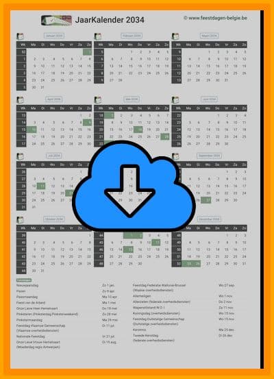 thumbnail jaarkalender voor het jaar 2034 in papierformaat A4 Staand Landscape en bestandsformaat PDF Adobe Acrobat met Feestdagen België 