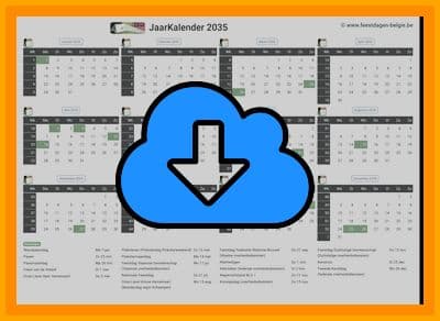 thumbnail jaarkalender voor het jaar 2035 in papierformaat A4 Liggend Landscape en bestandsformaat PDF Adobe Acrobat met Feestdagen België 