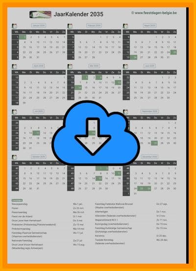 thumbnail jaarkalender voor het jaar 2035 in papierformaat A4 Staand Landscape en bestandsformaat PDF Adobe Acrobat met Feestdagen België 