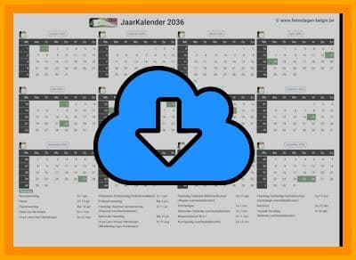 thumbnail jaarkalender voor het jaar 2036 in papierformaat A4 Liggend Landscape en bestandsformaat PDF Adobe Acrobat met Feestdagen België 