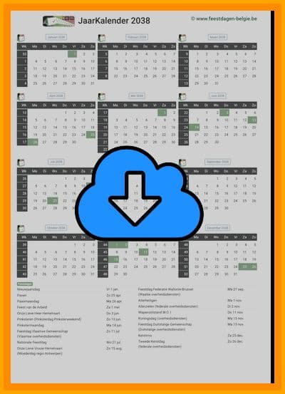 thumbnail jaarkalender voor het jaar 2038 in papierformaat A4 Staand Landscape en bestandsformaat PDF Adobe Acrobat met Feestdagen België 