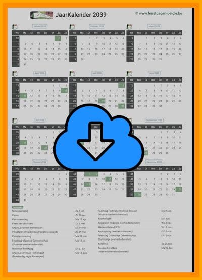 thumbnail jaarkalender voor het jaar 2039 in papierformaat A4 Staand Landscape en bestandsformaat PDF Adobe Acrobat met Feestdagen België 