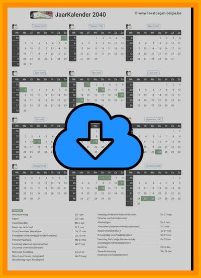 thumbnail jaarkalender voor het jaar 2040 in papierformaat A4 Staand Landscape en bestandsformaat PDF Adobe Acrobat met Feestdagen België 