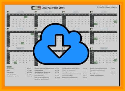 thumbnail jaarkalender voor het jaar 2044 in papierformaat A4 Liggend Landscape en bestandsformaat PDF Adobe Acrobat met Feestdagen België 
