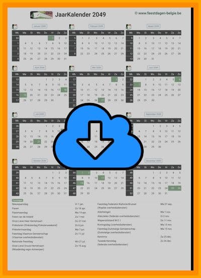 thumbnail jaarkalender voor het jaar 2049 in papierformaat A4 Staand Landscape en bestandsformaat PDF Adobe Acrobat met Feestdagen België 