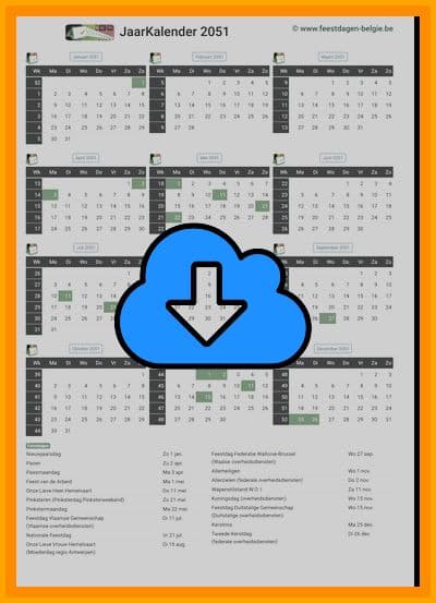 thumbnail jaarkalender voor het jaar 2051 in papierformaat A4 Staand Landscape en bestandsformaat PDF Adobe Acrobat met Feestdagen België 