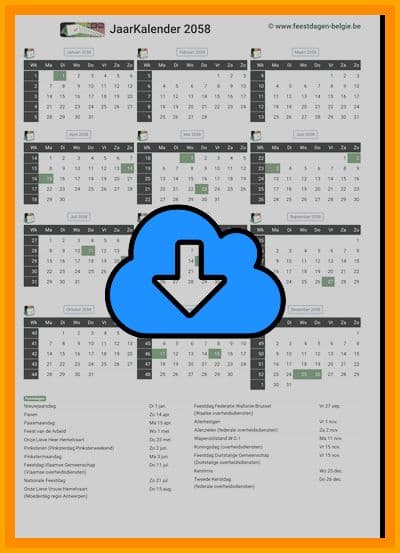 thumbnail jaarkalender voor het jaar 2058 in papierformaat A4 Staand Landscape en bestandsformaat PDF Adobe Acrobat met Feestdagen België 