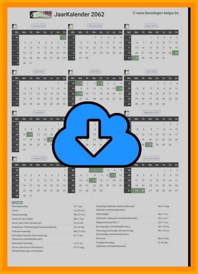 thumbnail jaarkalender voor het jaar 2062 in papierformaat A4 Staand Landscape en bestandsformaat PDF Adobe Acrobat met Feestdagen België 