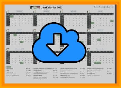 thumbnail jaarkalender voor het jaar 2063 in papierformaat A4 Liggend Landscape en bestandsformaat PDF Adobe Acrobat met Feestdagen België 
