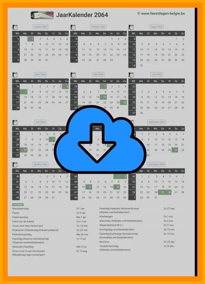 thumbnail jaarkalender voor het jaar 2064 in papierformaat A4 Staand Landscape en bestandsformaat PDF Adobe Acrobat met Feestdagen België 