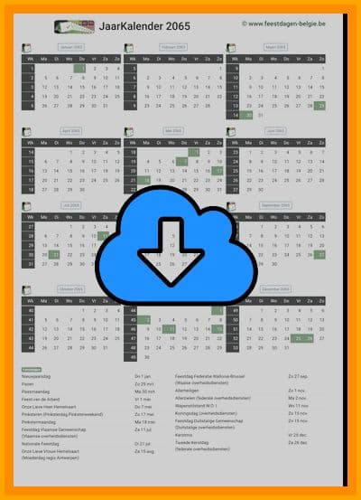 thumbnail jaarkalender voor het jaar 2065 in papierformaat A4 Staand Landscape en bestandsformaat PDF Adobe Acrobat met Feestdagen België 