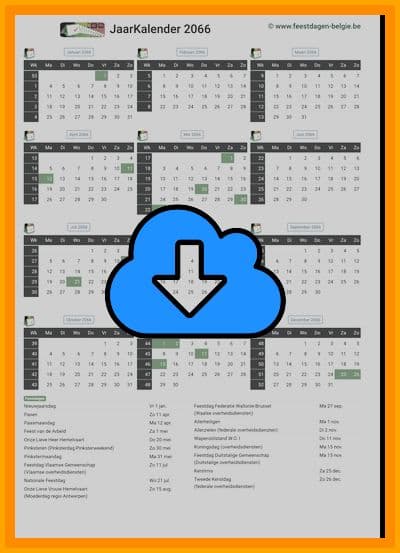 thumbnail jaarkalender voor het jaar 2066 in papierformaat A4 Staand Landscape en bestandsformaat PDF Adobe Acrobat met Feestdagen België 