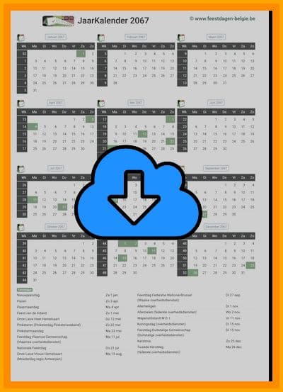 thumbnail jaarkalender voor het jaar 2067 in papierformaat A4 Staand Landscape en bestandsformaat PDF Adobe Acrobat met Feestdagen België 