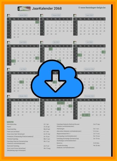 thumbnail jaarkalender voor het jaar 2068 in papierformaat A4 Staand Landscape en bestandsformaat PDF Adobe Acrobat met Feestdagen België 