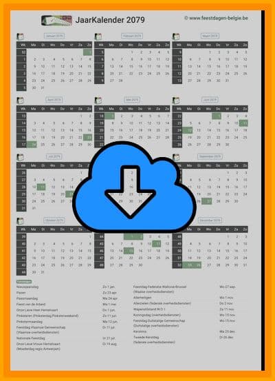 thumbnail jaarkalender voor het jaar 2079 in papierformaat A4 Staand Landscape en bestandsformaat PDF Adobe Acrobat met Feestdagen België 