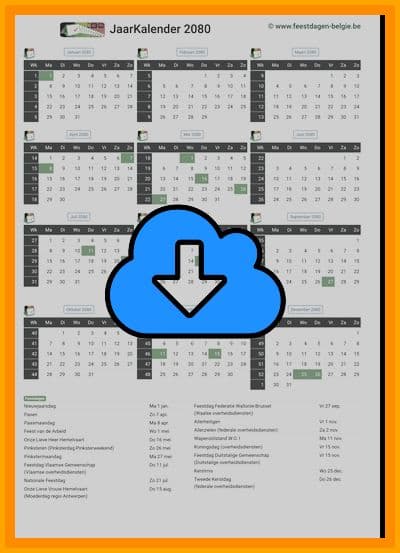 thumbnail jaarkalender voor het jaar 2080 in papierformaat A4 Staand Landscape en bestandsformaat PDF Adobe Acrobat met Feestdagen België 