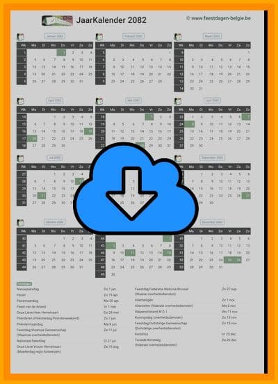 thumbnail jaarkalender voor het jaar 2082 in papierformaat A4 Staand Landscape en bestandsformaat PDF Adobe Acrobat met Feestdagen België 
