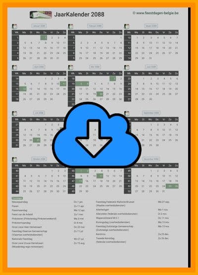 thumbnail jaarkalender voor het jaar 2088 in papierformaat A4 Staand Landscape en bestandsformaat PDF Adobe Acrobat met Feestdagen België 