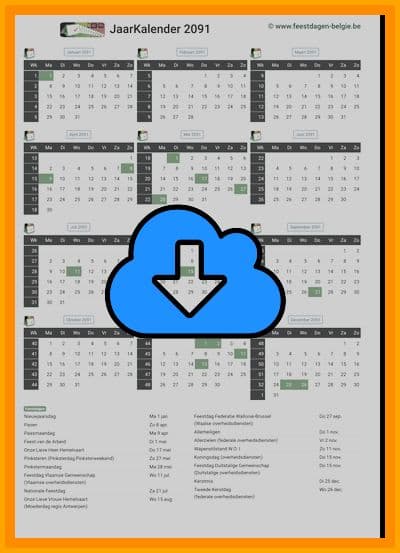 thumbnail jaarkalender voor het jaar 2091 in papierformaat A4 Staand Landscape en bestandsformaat PDF Adobe Acrobat met Feestdagen België 