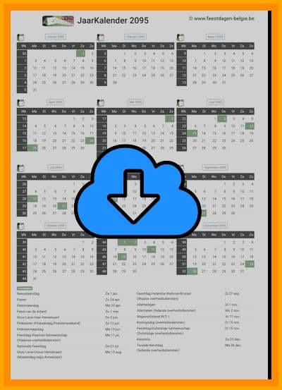 thumbnail jaarkalender voor het jaar 2095 in papierformaat A4 Staand Landscape en bestandsformaat PDF Adobe Acrobat met Feestdagen België 