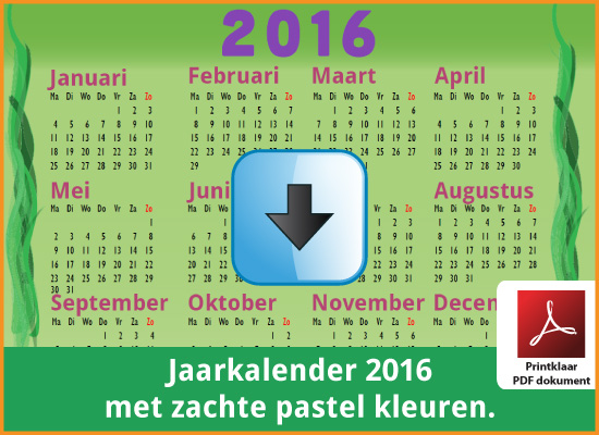 Gratis jaarkalender 2016 met de Belgie feestdagen en schoolvakanties. Zachte Kleuren. (download kalender 2016) via www.feestdagen-belgie.be