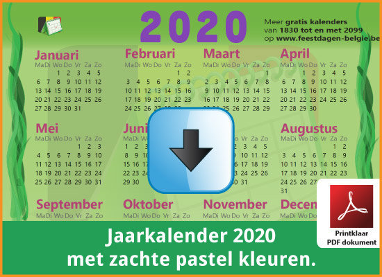 Gratis jaarkalender 2020 met de Belgie feestdagen en schoolvakanties. Zachte Kleuren. (download print kalender 2020) via www.feestdagen-belgie.be