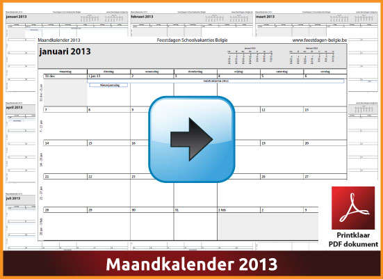Gratis maandkalender 2013 met de Belgie feestdagen en schoolvakanties (download kalender 2013) via www.feestdagen-belgie.be