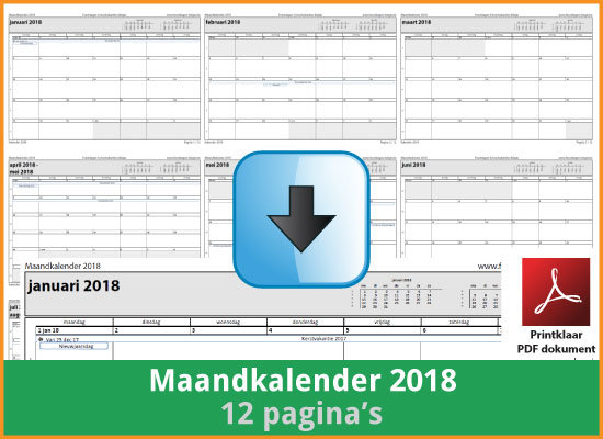 Gratis maandkalender 2018 met de Belgie feestdagen en schoolvakanties (download print kalender 2018) via www.feestdagen-belgie.be