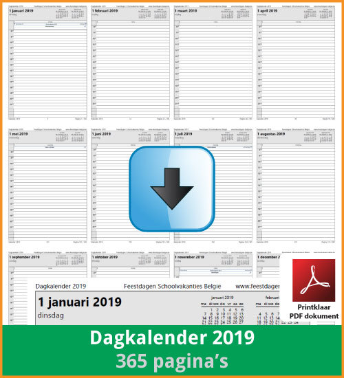 Gratis dagkalender 2019 met de Belgie feestdagen en schoolvakanties. (download print kalender 2019) via www.feestdagen-belgie.be