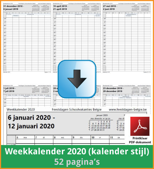 Gratis weekkalender 2020 met de Belgie feestdagen en schoolvakanties. Kalender Stijl. (download print kalender 2020) via www.feestdagen-belgie.be