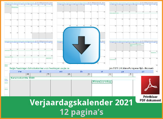 Gratis verjaardagskalender 2021 met de Belgie feestdagen en schoolvakanties (download print kalender 2021) via www.feestdagen-belgie.be