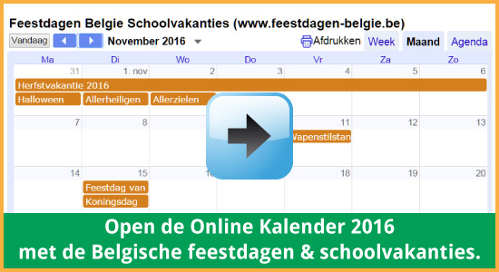Google Agenda 2016 Feestdagen Schoolvakanties Belgie datums kalender via www.feestdagen-belgie.be