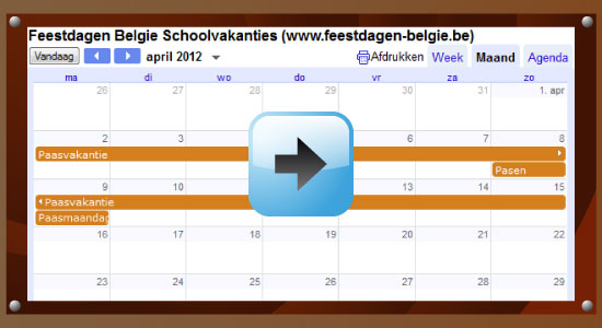 Google Agenda 2012 Feestdagen Schoolvakanties Belgie datums kalender via www.feestdagen-belgie.be