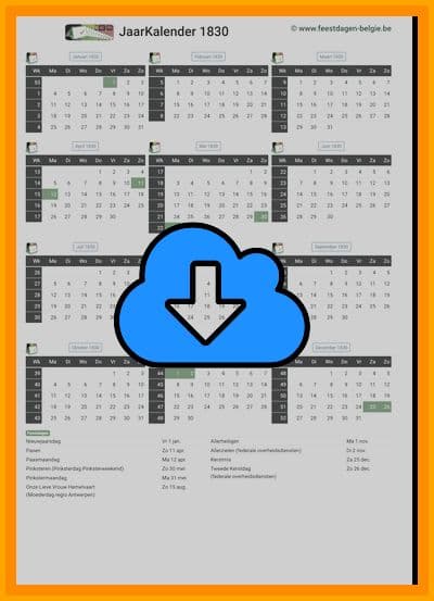 thumbnail jaarkalender voor het jaar 1830 in papierformaat A4 Staand Landscape en bestandsformaat PDF Adobe Acrobat met Feestdagen België 