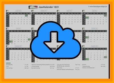 thumbnail jaarkalender voor het jaar 1831 in papierformaat A4 Liggend Landscape en bestandsformaat PDF Adobe Acrobat met Feestdagen België 