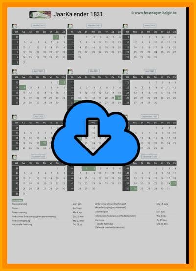 thumbnail jaarkalender voor het jaar 1831 in papierformaat A4 Staand Landscape en bestandsformaat PDF Adobe Acrobat met Feestdagen België 