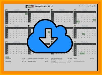 thumbnail jaarkalender voor het jaar 1832 in papierformaat A4 Liggend Landscape en bestandsformaat PDF Adobe Acrobat met Feestdagen België 