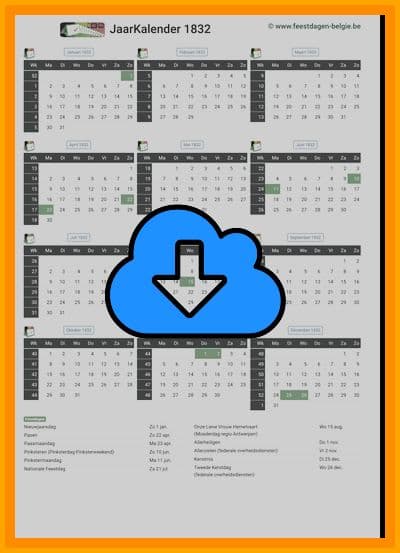 thumbnail jaarkalender voor het jaar 1832 in papierformaat A4 Staand Landscape en bestandsformaat PDF Adobe Acrobat met Feestdagen België 