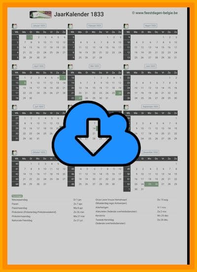 thumbnail jaarkalender voor het jaar 1833 in papierformaat A4 Staand Landscape en bestandsformaat PDF Adobe Acrobat met Feestdagen België 