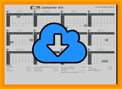 thumbnail jaarkalender voor het jaar 1834 in papierformaat A4 Liggend Landscape en bestandsformaat PDF Adobe Acrobat met Feestdagen België 